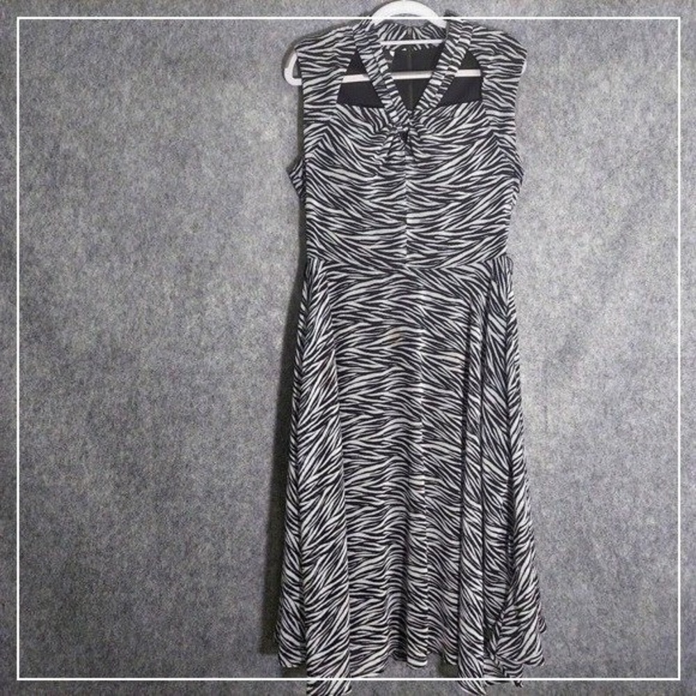 Maison Tara Women Dress 10 Black White Zebra Sleeveless Midi Retro Mod Party